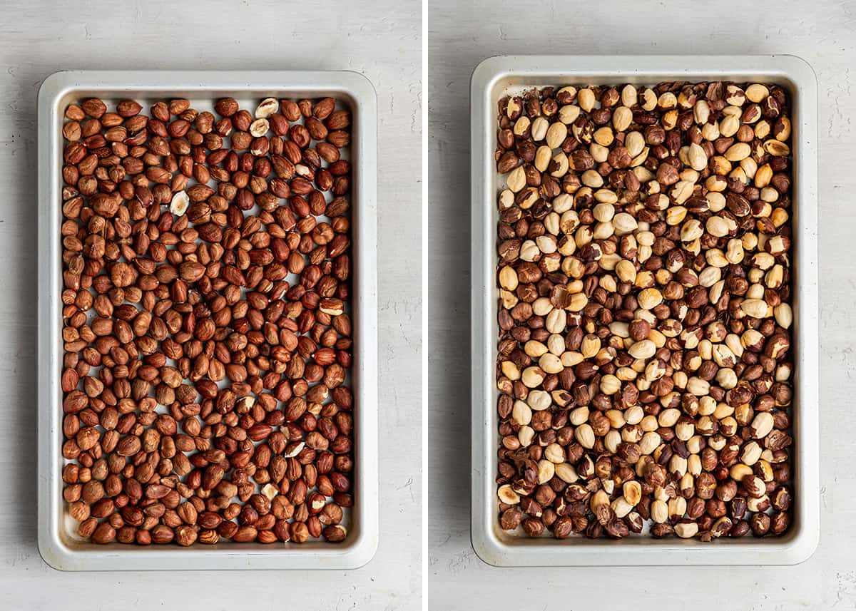 A side by side with a baking sheet full of raw hazelnuts, and a baking sheet full of roasted hazelnuts.
