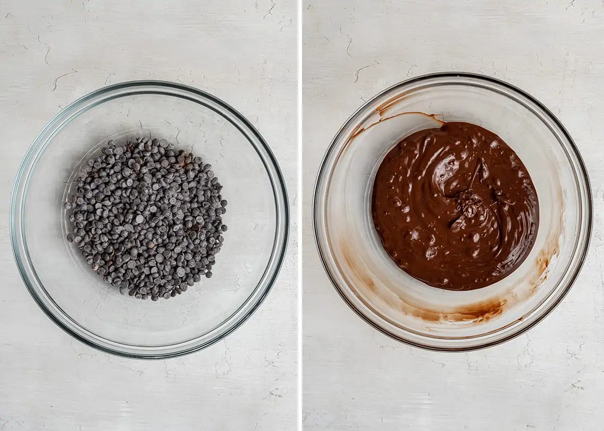 Side by side images with a glass mixing bowl full of chocolate chips, and a glass mixing bowl full of melted chocolate.