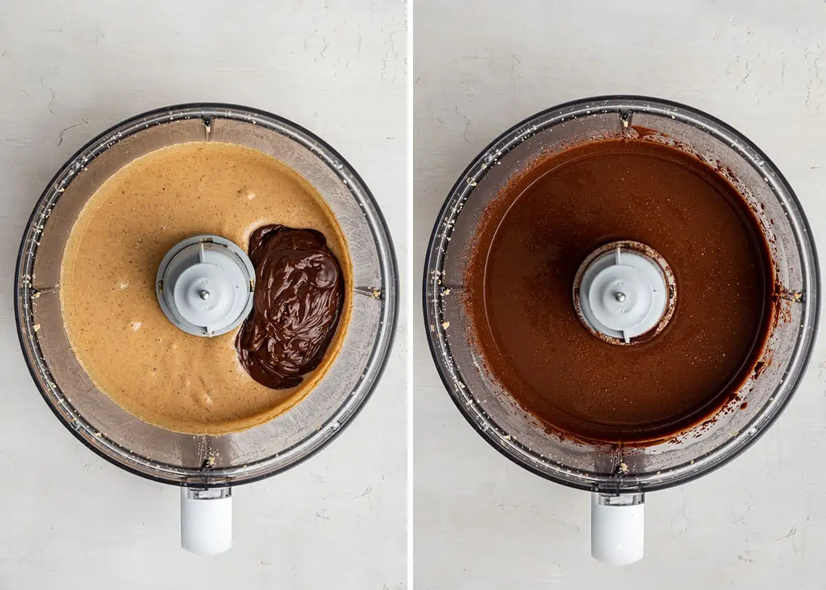 Side by side images with an overhead view of a food processor with hazelnut butter in it, and melted chocolate on top, and a food processor with nutella in it.