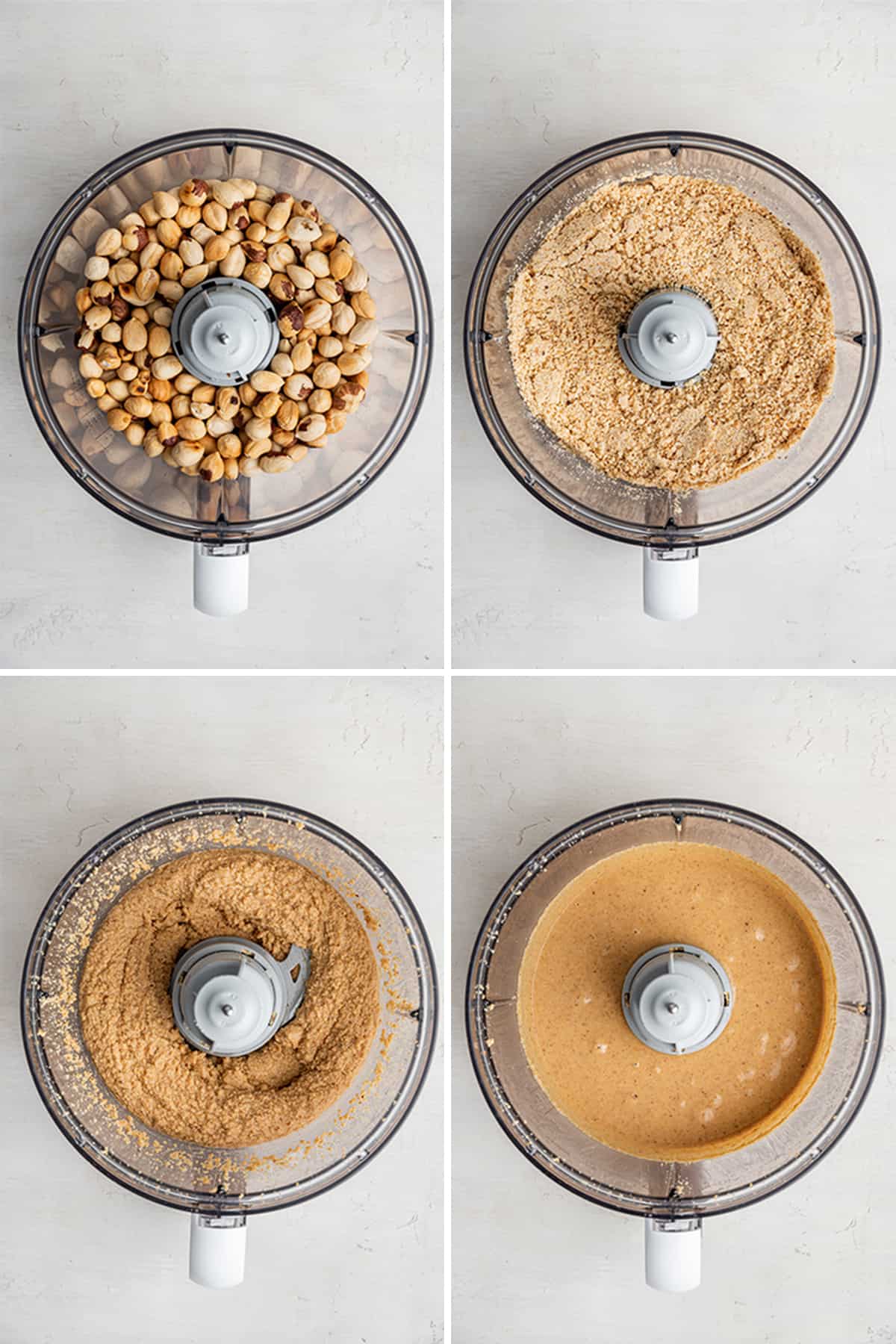 Four pictures: a food processor with whole hazelnuts in; a food processor with the hazelnuts ground to a sand-like mixture; a food processor with hazelnuts processed down to a wet sand texture; and a food processor with hazelnut better in it
