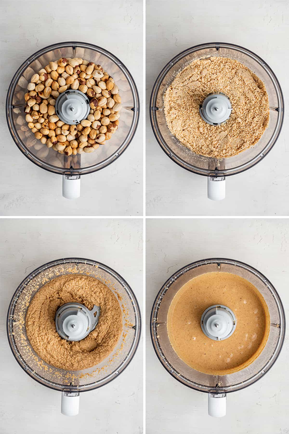 Four pictures: a food processor with whole hazelnuts in; a food processor with the hazelnuts ground to a sand-like mixture; a food processor with hazelnuts processed down to a wet sand texture; and a food processor with hazelnut better in it.