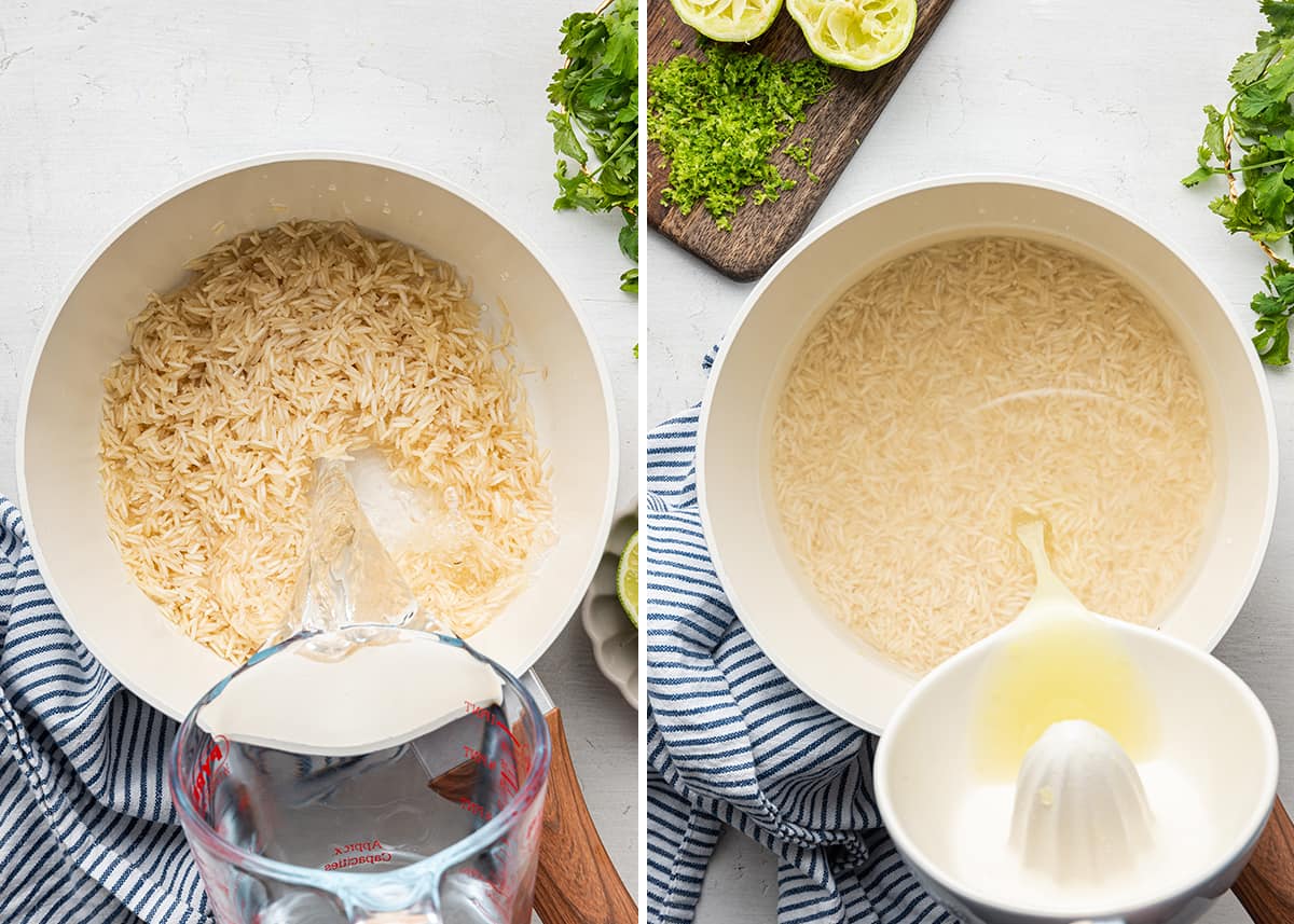 A side by side with a pot of raw rice with water being poured into it, next to a pot of raw rice and water with lime juice being poured into it