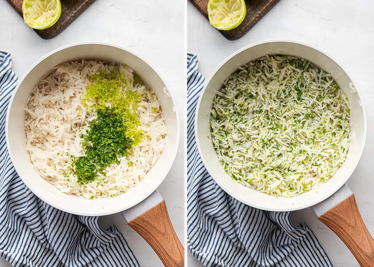 A side by side of a pot with cooked rice with lime zest and chopped cilantro on top, next to a pot of rice with the cilantro and lime zest stirred into the rice