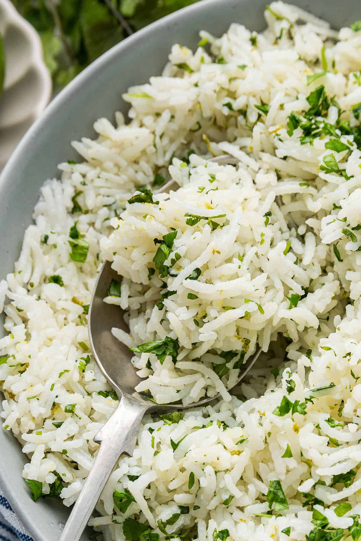 Close up of a serving spoon taking a spoonful of cilantro lime rice out of a serving tray