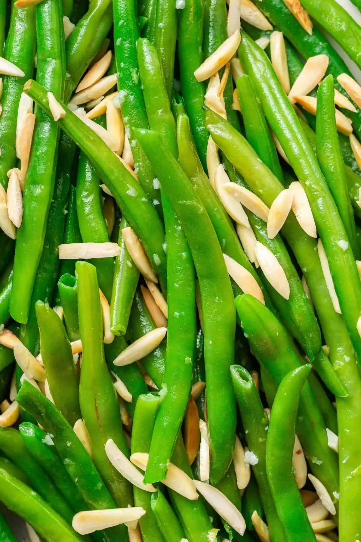 Close up of green beans with slivered almonds