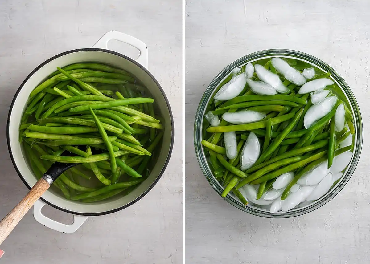 A side by side of green beans cooking in a pot of water with a slotted spoon, and green beans sitting in a bowl of icewater