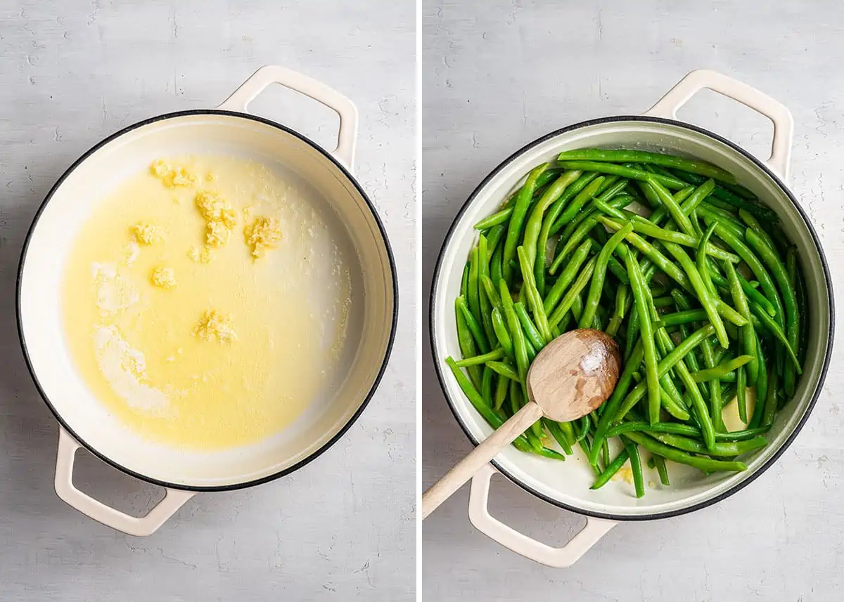 A side by side of vegan butter and garlic cooking in a pot, and vegan butter, garlic, and green beans cooking in a pot with a wooden spoon.