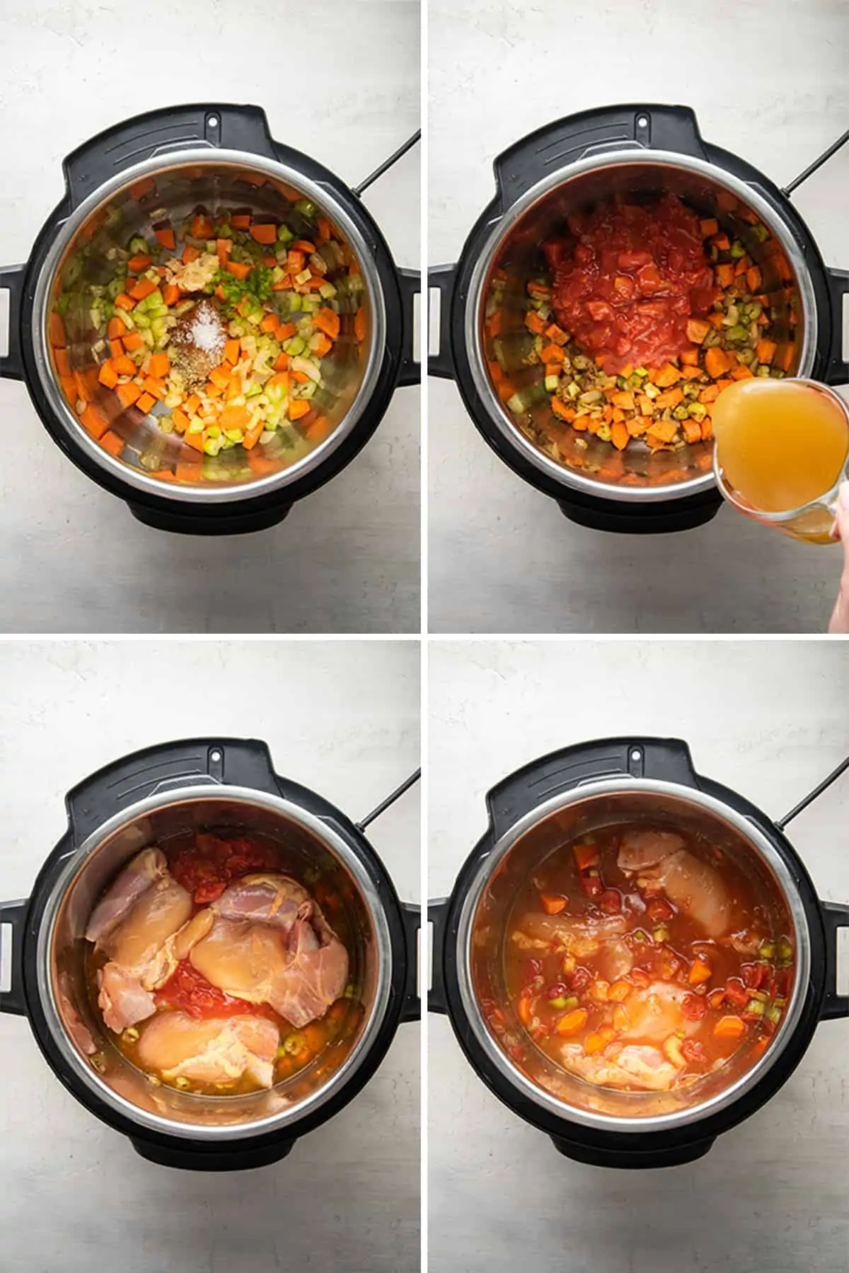 Four pictures: carrots, celery, and onion cooking in an Instant Pot; veggies with canned tomatoes on top in an Instant Pot; veggies with canned tomatoes and chicken thighs on top of them in an Instant Pot; and chicken and tomatoes stirred into an Instant Pot with veggies