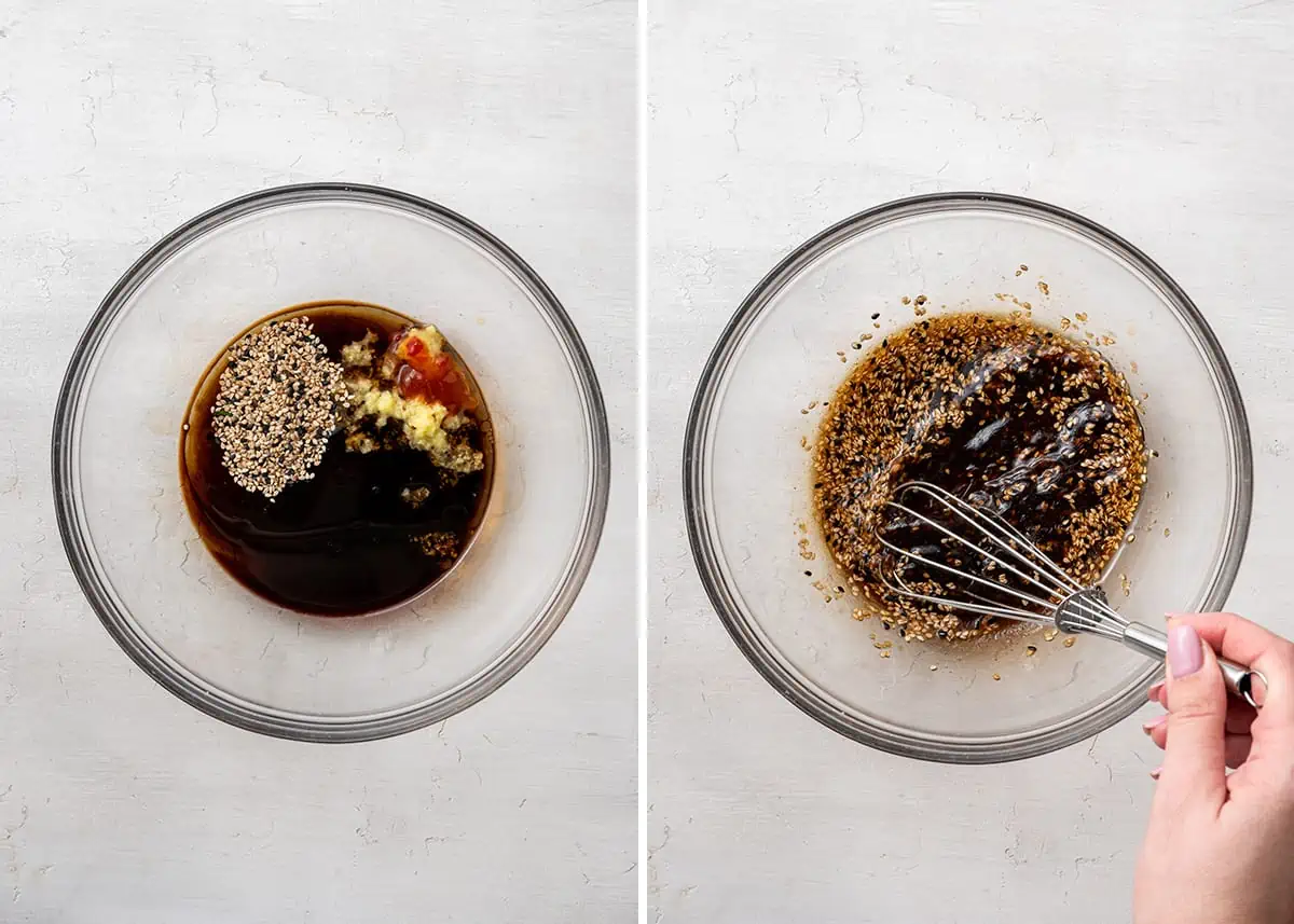 A side by side of a mixing bowl with soy sauce, mirin, sesame oil, sesame seeds, chili garlic sauce, and grated ginger, and a mixing bowl with those ingredients whisked together, with a whisk in it