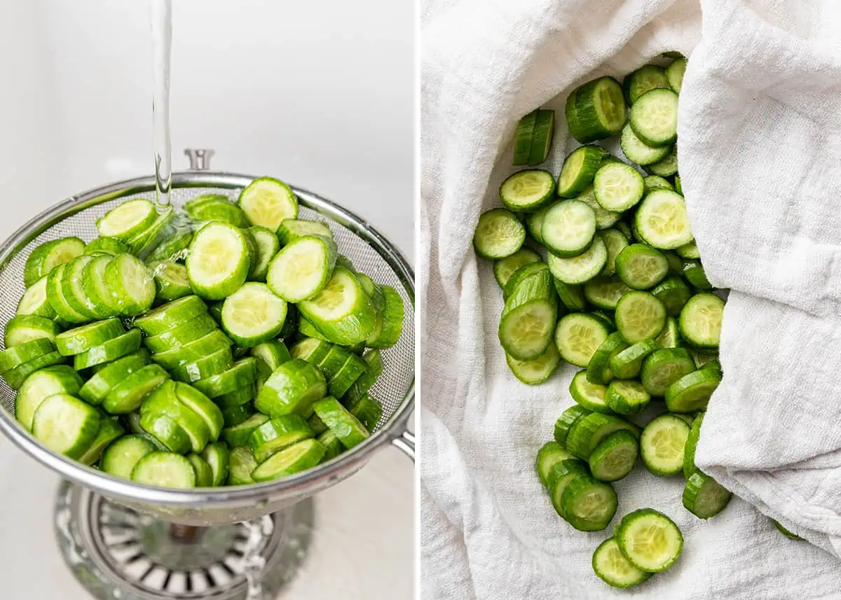 A side by side of cucumber slices getting washed in a colander, and cucumber slices getting dried in a kitchen towel