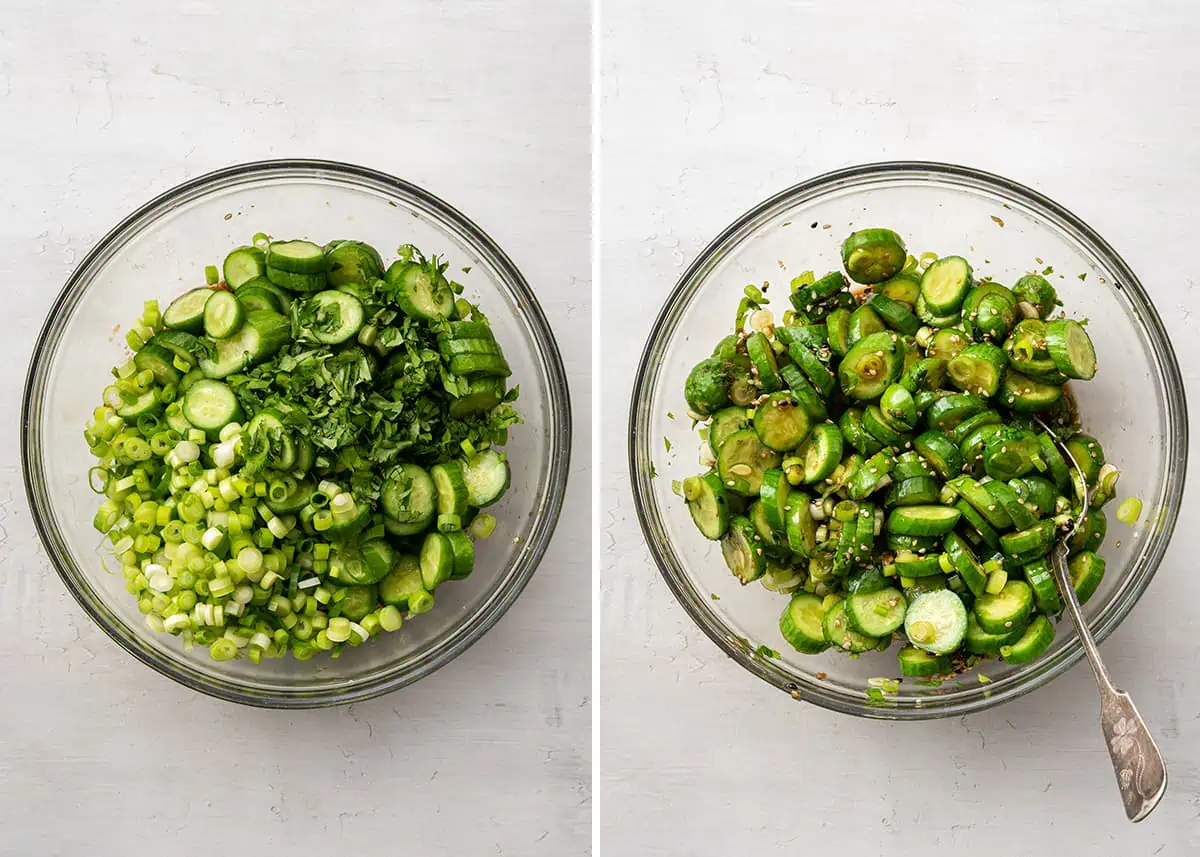 A side by side with a bowl of sliced cucumbers, cilantro, and scallions, and a bowl with those ingredients mixed together with sauce, with a mixing spoon