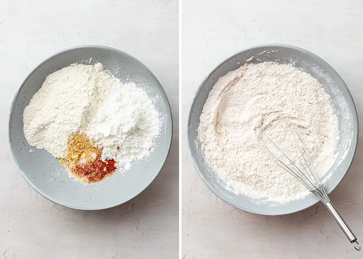 Side by side of a bowl of flour, starch, and seasonings, and a whisk whisking together those ingredients in the bowl
