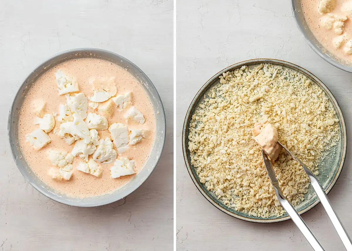 Side by side of raw cauliflower in a bowl of batter, and tongs holding a piece of batter-covered cauliflower on a plate of breadcrumbms