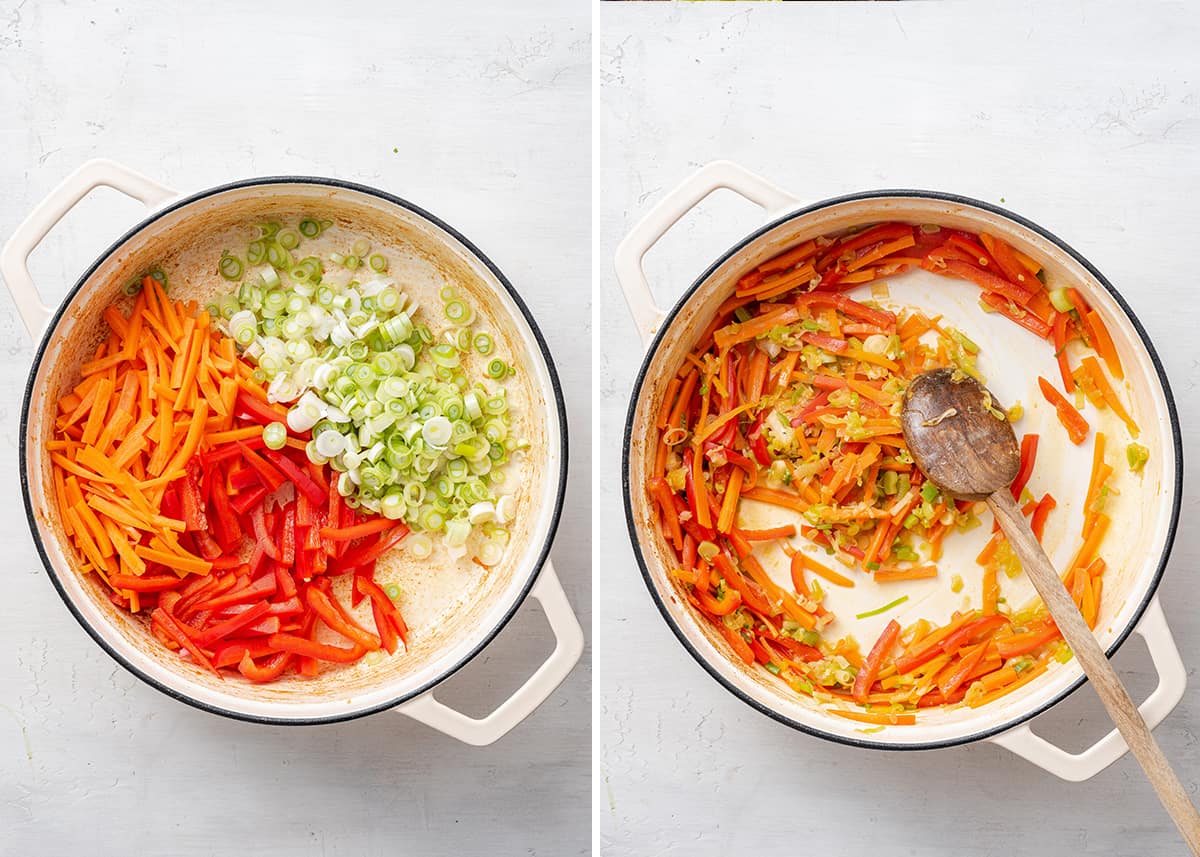 Side by side of a pot with raw carrots, red bell peppers, and the whites of green onions in it, separated, and a pot with those ingredients cooking in it, stirred together, with a wooden spoon