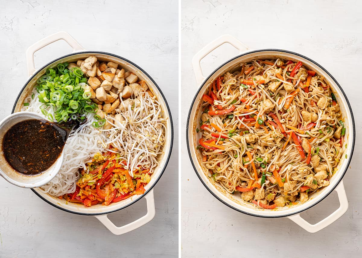 Side by side of a pot with all the ingredients for chicken pad thai, separated, with a bowl of sauce being poured on top, and a pot with finished chicken pad thai in it