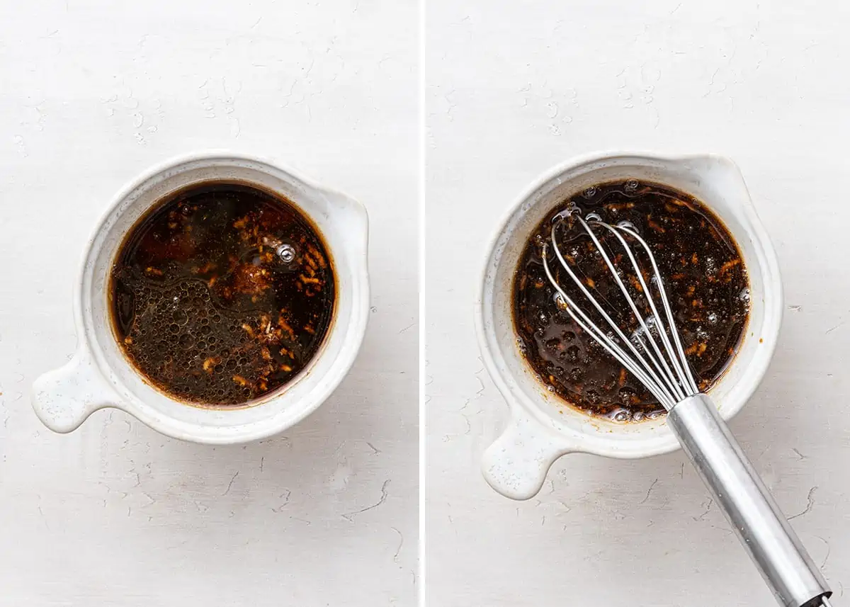 Side by side of a bowl with pad thai sauce, and a bowl with pad thai sauce and a whisk