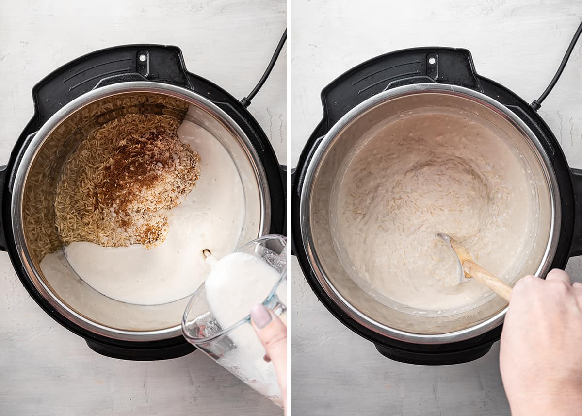 Side by side of a pyrex pouring coconut milk into an Instant Pot with rice and coconut sugar, and a hand stirring the ingredients together in the Instant pot.