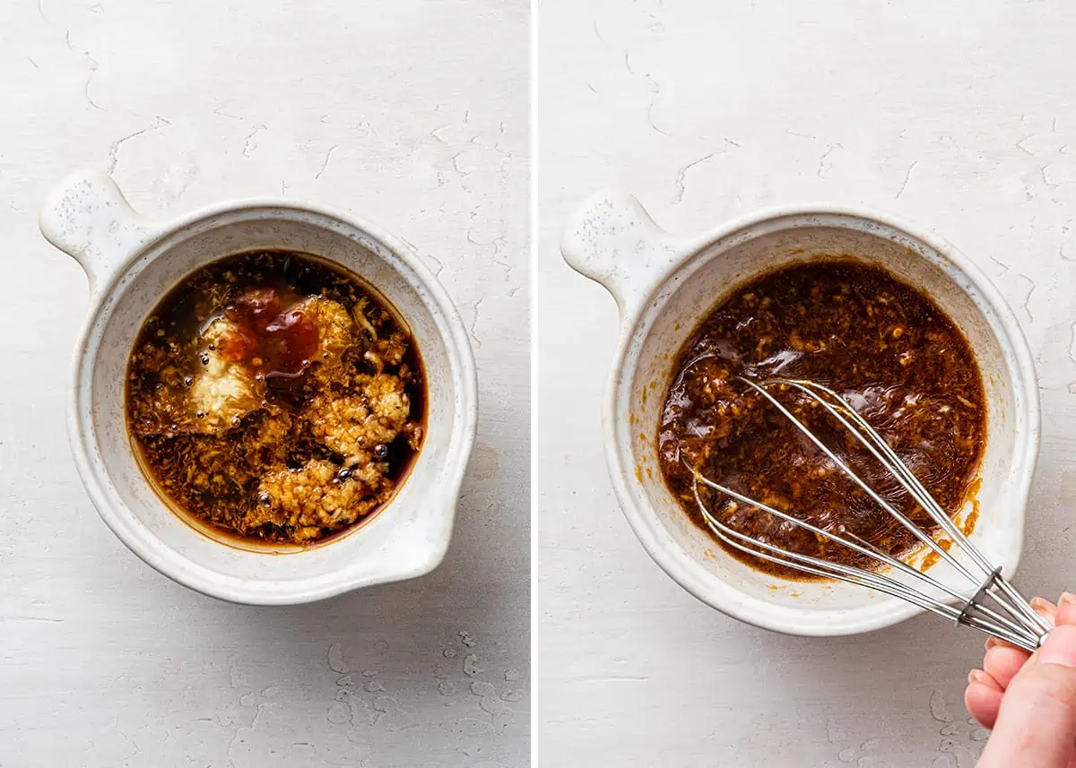 A side by side of a bowl with vinegar, soy sauce, sriracha, sesame oil, garlic, and ginger, and a hand whisking those ingredients together