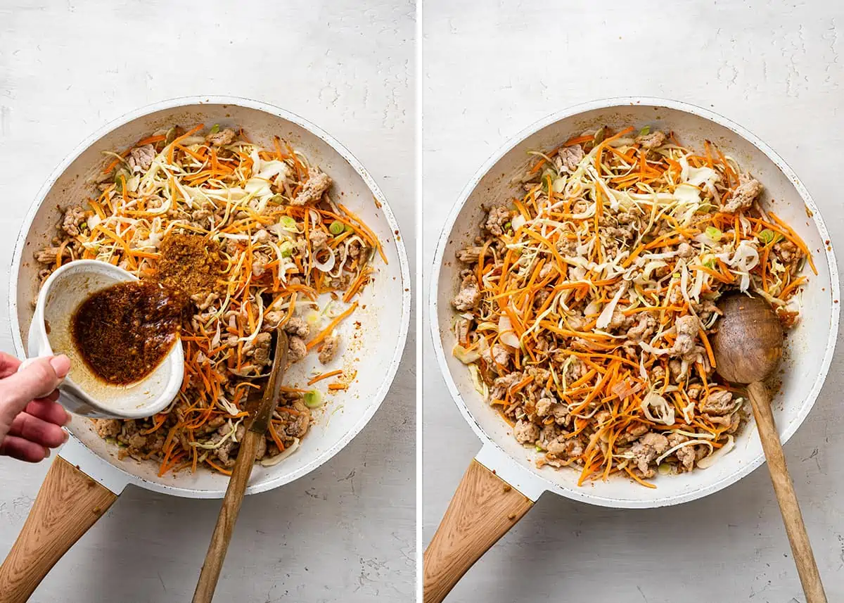 A side by side of a hand pouring a bowl of sauce into a pan with chicken, cabbage, carrots, and a wooden spoon, and all those ingredients mixed together in the pan with a wooden spoon