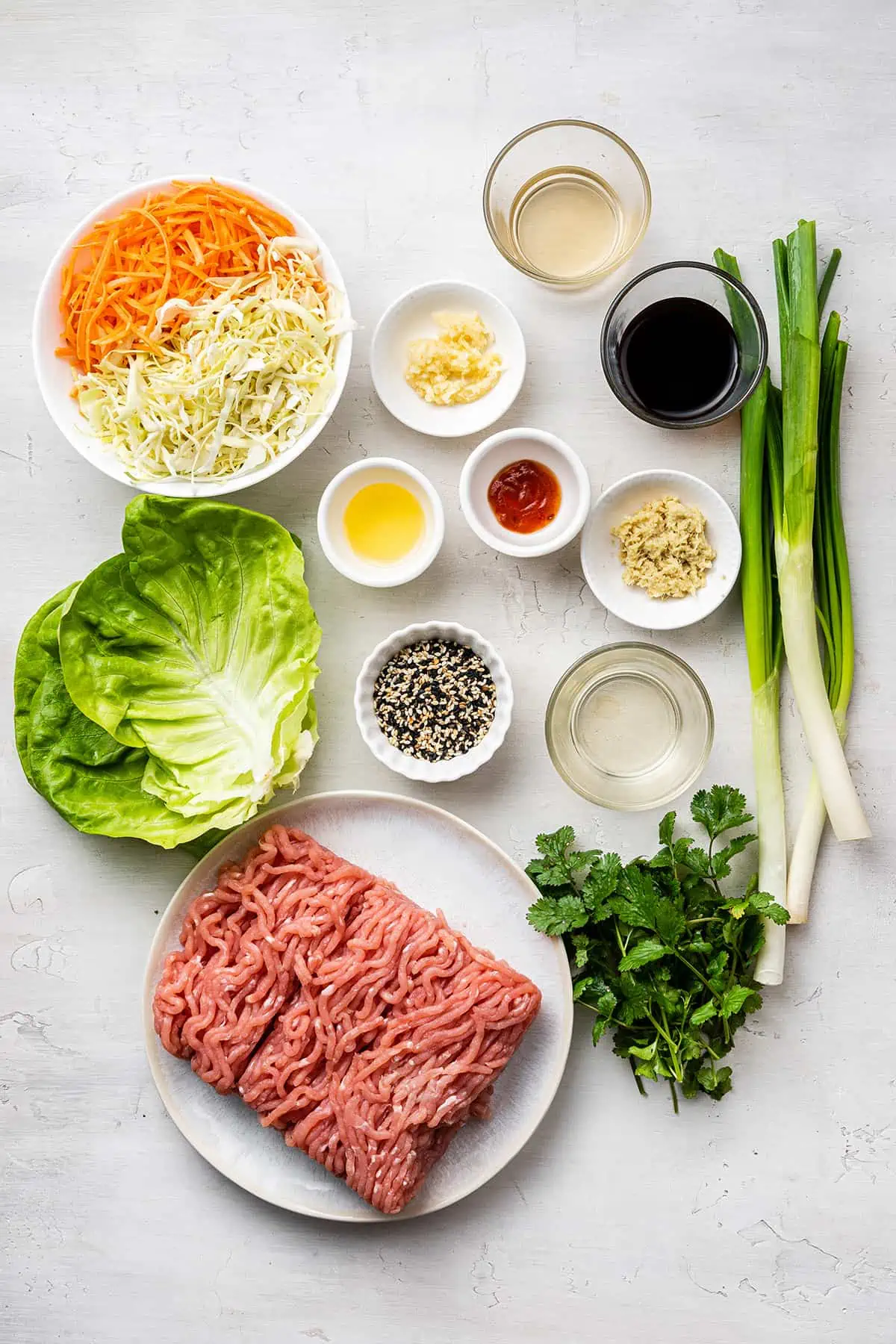 Overhead view of the ingredients needed for chicken lettuce wraps: a plate of raw, ground chicken, a bowl of chopped cabbage and lettuce, four scallions, a bunch of cilantro, some lettuce leaves, and bowls of soy sauce, garlic, ginger, sesame oil, sriracha, rice vinegar, oil, and sesame seeds