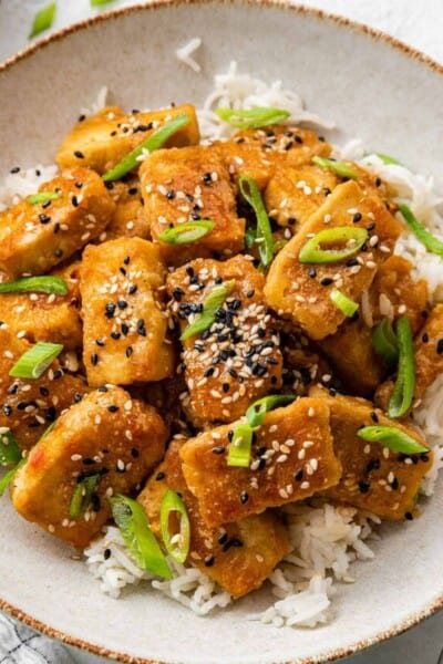 A pile of baked tofu on top of rice, topped with scallions and sesame seeds