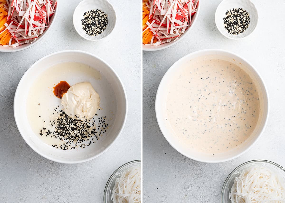 Side by side with one picture of a bowl with mayo, vinegar, sriracha, salt, and sesame seeds, next to a bowl of sesame seeds, a plate of carrots and imitation crab meat, and a bowl of rice noodles, and one picture of the same image but with the ingredients in the mixing bowl stirred together