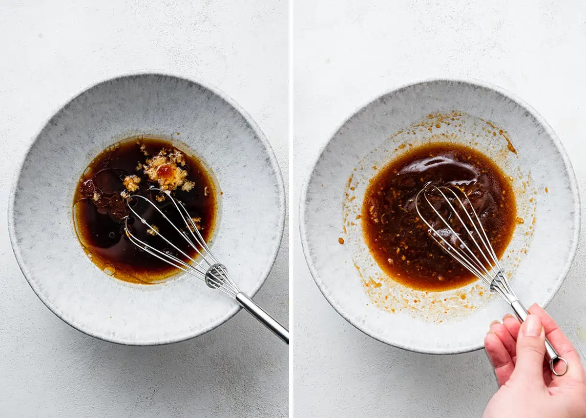 Side by side of a bowl with soy sauce, vinegar, garlic, gochujang, maple syrup, sesame oil, and a whisk, and those ingredients being whisked together