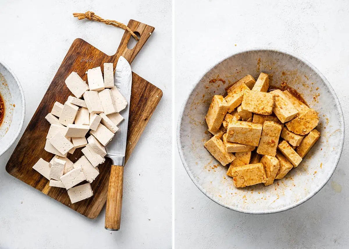 Side by side with a cutting board covered in pieces of raw tofu and a chef's knife, and a bowl with tofu marinating in a sauce