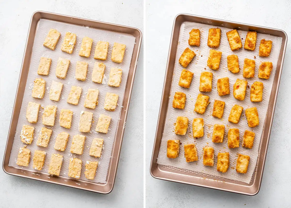 Side by side of a baking sheet with 24 pieces of coated, uncooked tofu, and a baking sheet with 24 pieces of baked tofu