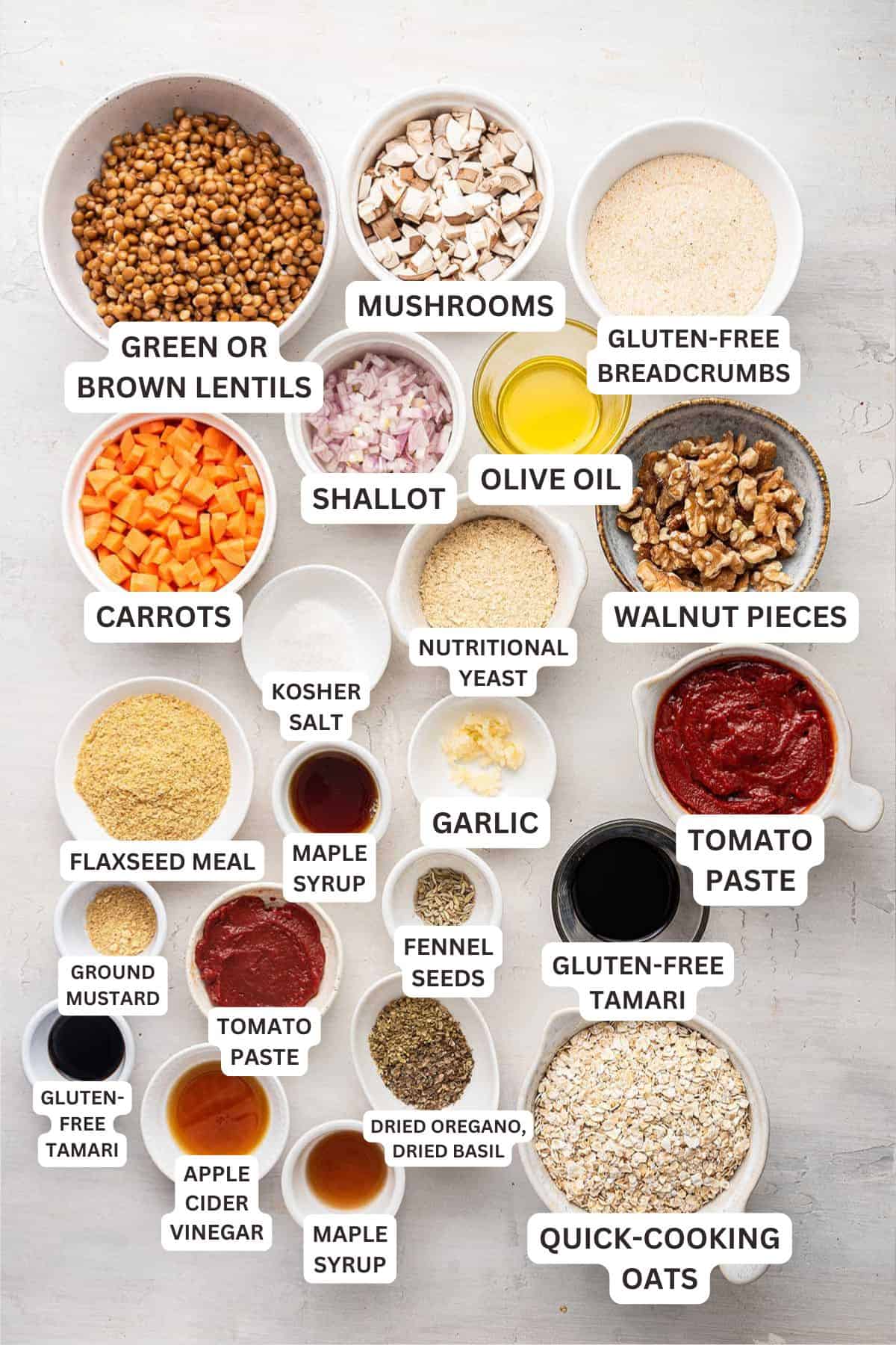 This gluten-free, vegan meatloaf is moist, hearty, comforting, and packed with lentils. It's topped with a sticky, sweet glaze. Ingredients for Vegan Meatloaf.