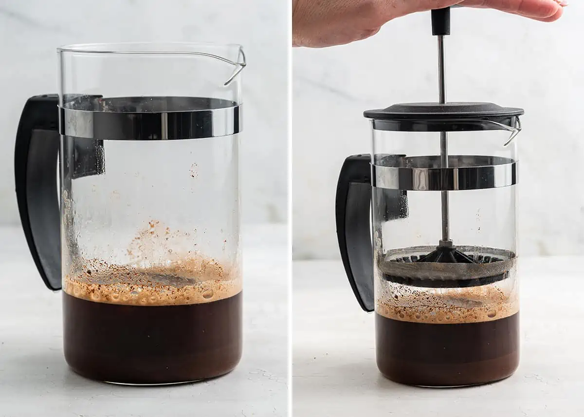 Side by side with a picture of a French press with no lid, about a quarter full of coffee, and a French press with a lid being pushed down onto the coffee