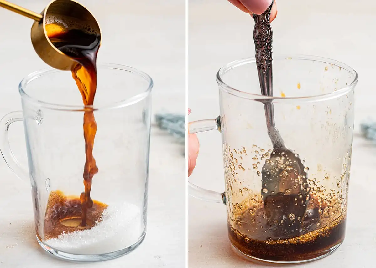 Side by side with a picture of a tablespoon measure pouring coffee onto sugar in a glass, and a picture of a hand using a spoon to stir the coffee and sugar together