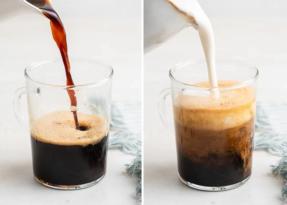 Side by side with a picture of coffee being poured into a glass, and a picture of evaporated milk being poured into a glass of coffee