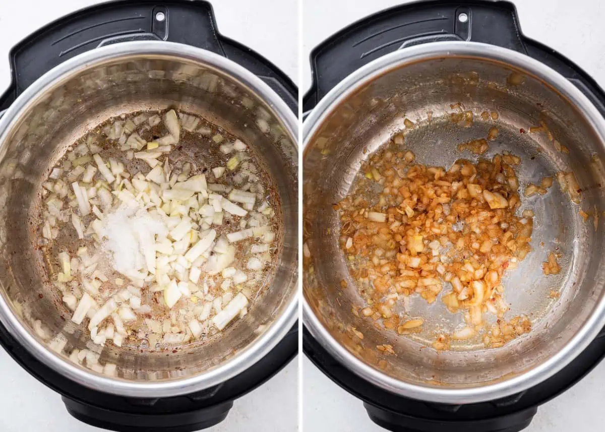 Side by side overhead view with raw onions cooking in an Instant Pot and cooked onions and garlic in an Instant Pot