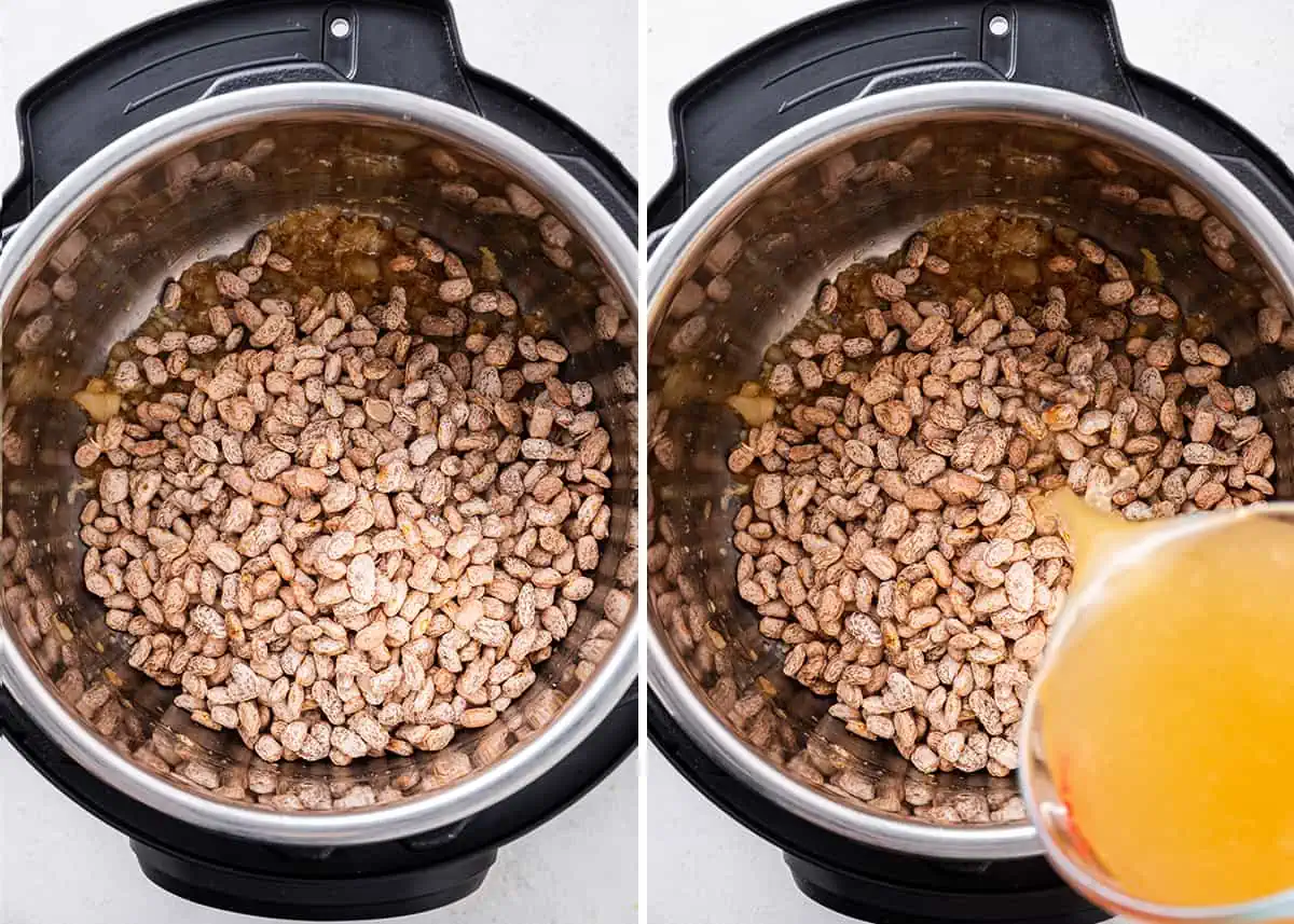 Side by side overhead view with dried beans in an Instant Pot, and dried beans in an Instant Pot with broth being poured in