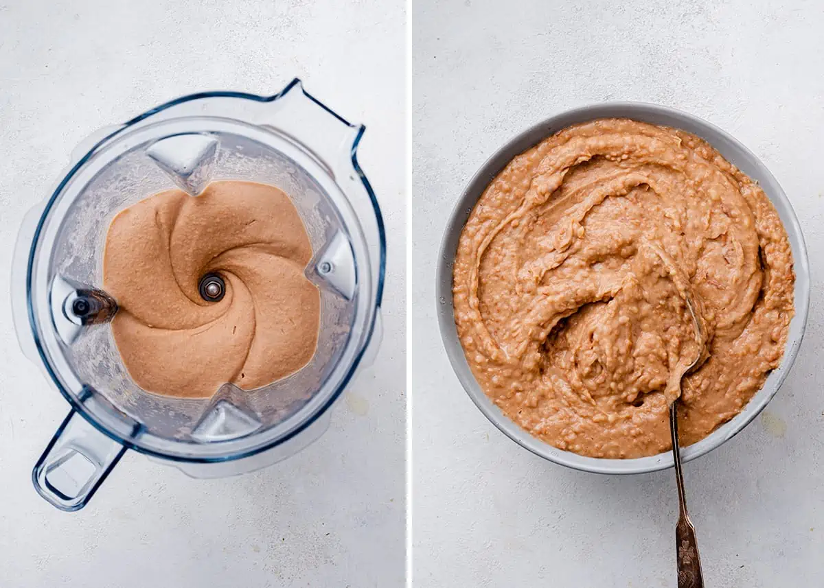 Side by side with an overhead view of a blender blending refried beans, and a bowl of refried beans with a spoon in it