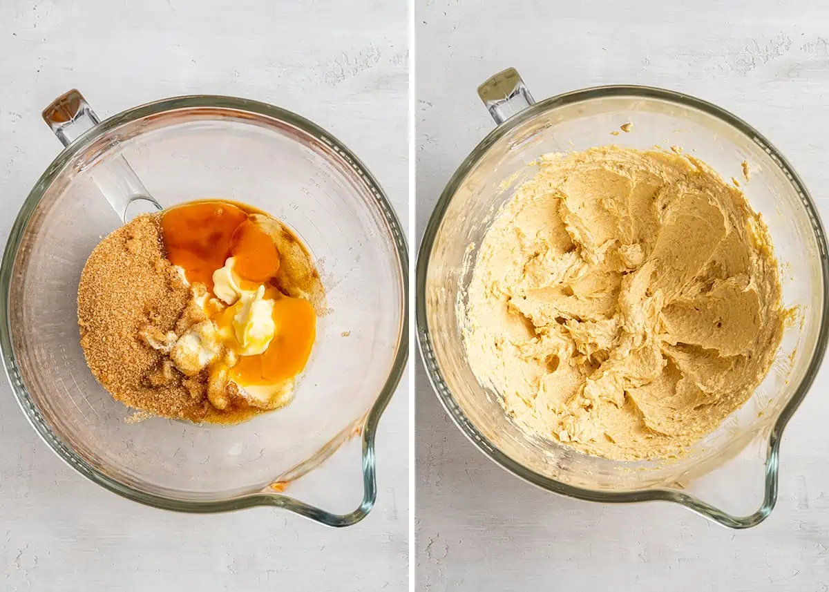 Side by side with a picture of a mixing bowl with sugar, butter, and eggs, and a picture of a mixing bowl with those ingredients mixed together
