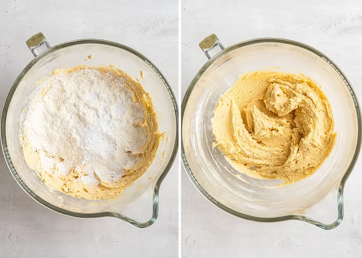 Side by side with a picture of a mixing bowl with creamed sugar and butter with flour on top, and a picture of a mixing bowl with the flour beat into the creamed butter