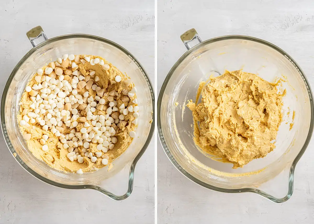 Side by side with a picture of a mixing bowl with cookie dough, with macadamia nuts and white chocolate chips on top, and a mixing bowl with those ingredients mixed together in it