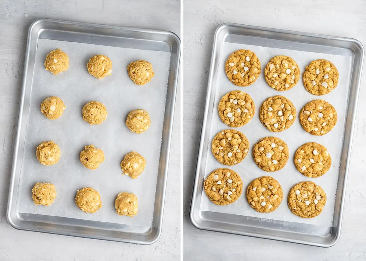 Side by side pictures of a baking sheet with 12 unbaked cookie balls and a baking sheet with 12 baked cookies