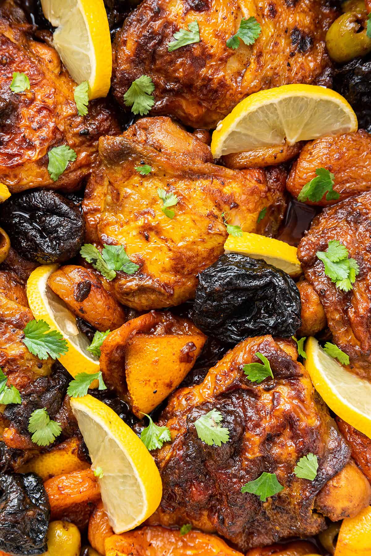 Close up of Moroccan chicken thighs covered in lemons, prunes, dried apricots, and slivered almonds