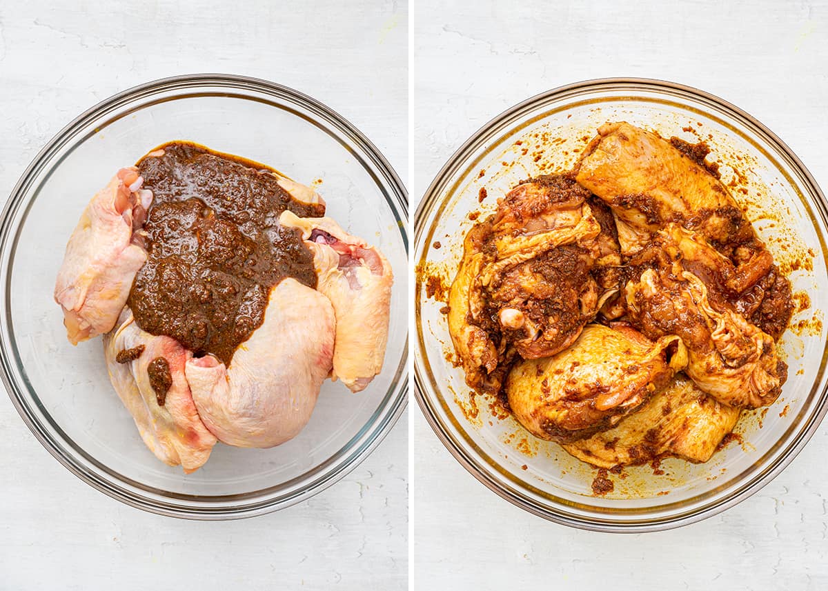 This Moroccan chicken recipe has juicy and tender thigh meat, a sweet and tangy sauce, and is topped with olives and slivered almonds. Side by side of raw chicken thighs in a mixing bowl with a wet rub on top of them, and the wet rub coating the chicken pieces