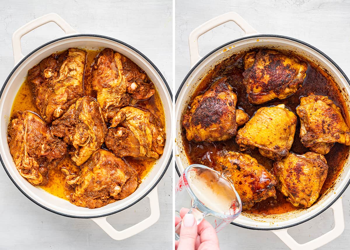 This Moroccan chicken recipe has juicy and tender thigh meat, a sweet and tangy sauce, and is topped with olives and slivered almonds. Side by side of chicken thighs browning in a dutch oven, and a hand pouring a pyrex of wine into the dutch oven
