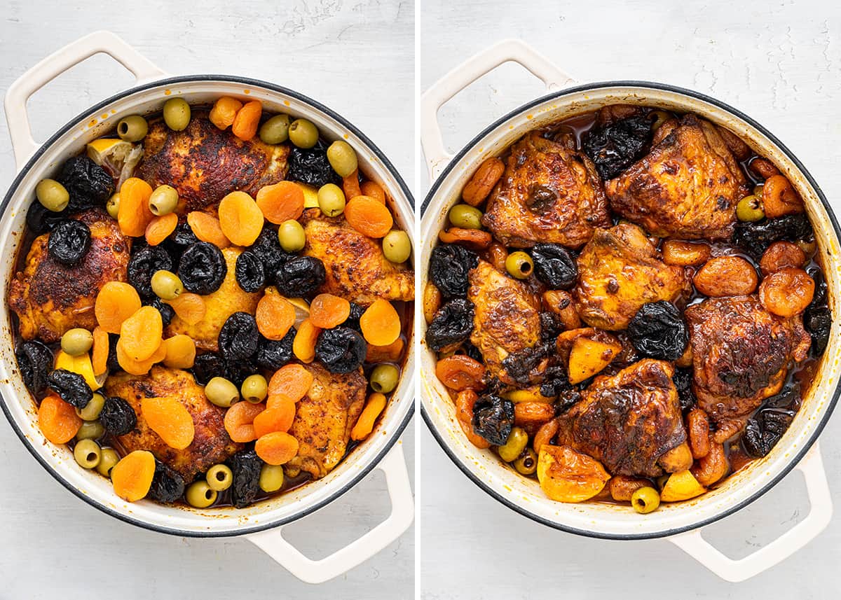 This Moroccan chicken recipe has juicy and tender thigh meat, a sweet and tangy sauce, and is topped with olives and slivered almonds. Side by side of chicken in a dutch oven covered in uncooked prunes, olives, and dried apricots, and all of those ingredients cooked together in the dutch oven