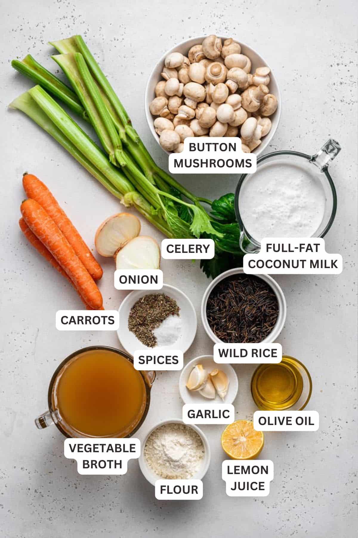 This creamy mushroom and wild rice soup is hearty, healthy, vegan, and gluten-free. It's packed with veggies, and only takes an hour to make! Ingredients for Creamy Mushroom & Wild Rice Soup.