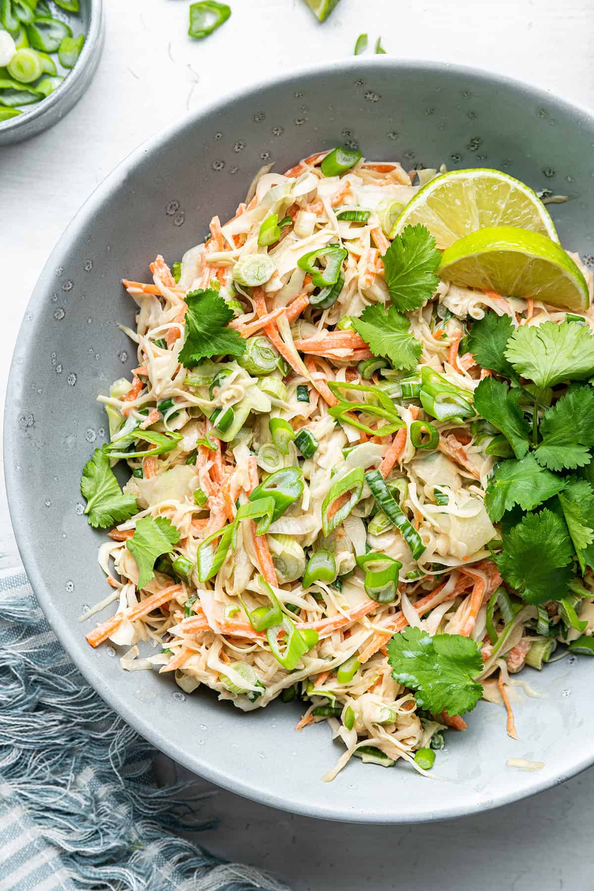 Close up overhead view of a bowl of slaw topped with cilantro and lime slices
