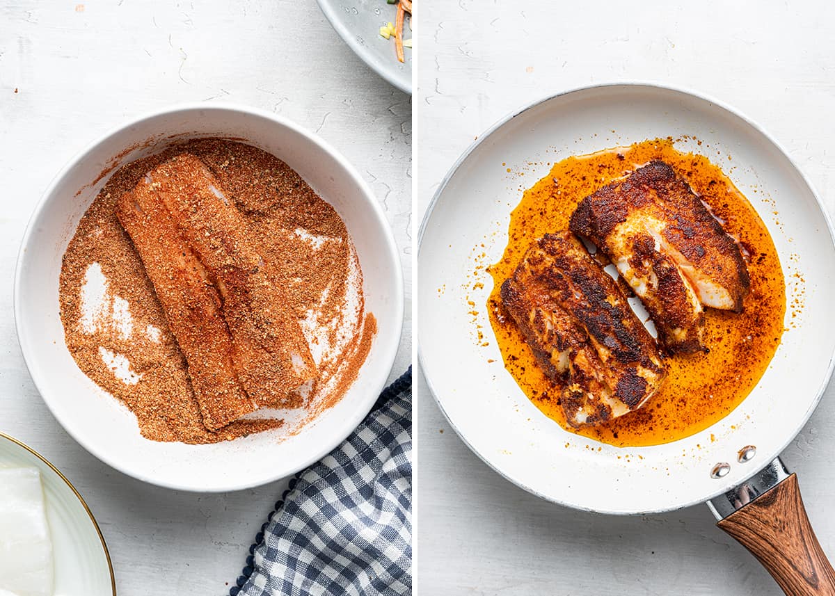 A side by side with a picture of raw mahi-mahi on a plate covered with spices, and a picture of two pieces of blackened mahi-mahi in a pan