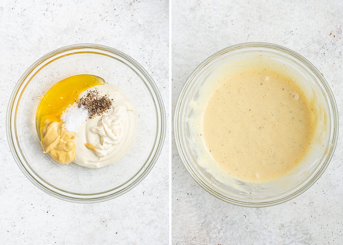 Side by side with a mixing bowl filled with mayo, honey, salt, pepper, and mustard, and the mixing bowl with those ingredients combined