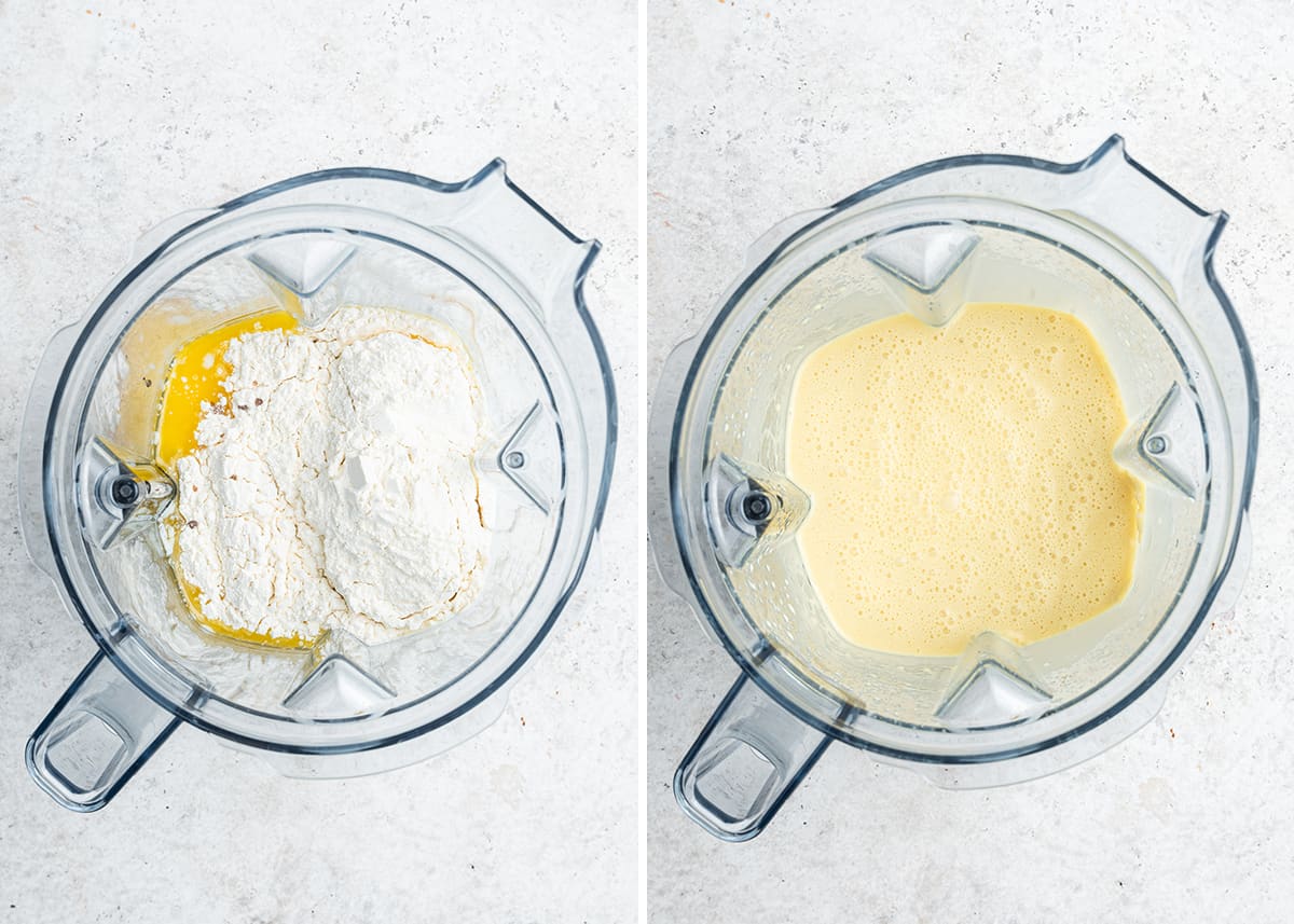 Side by side with a picture of the ingredients for crepe batter in a blender, and blended crepe batter in a blender