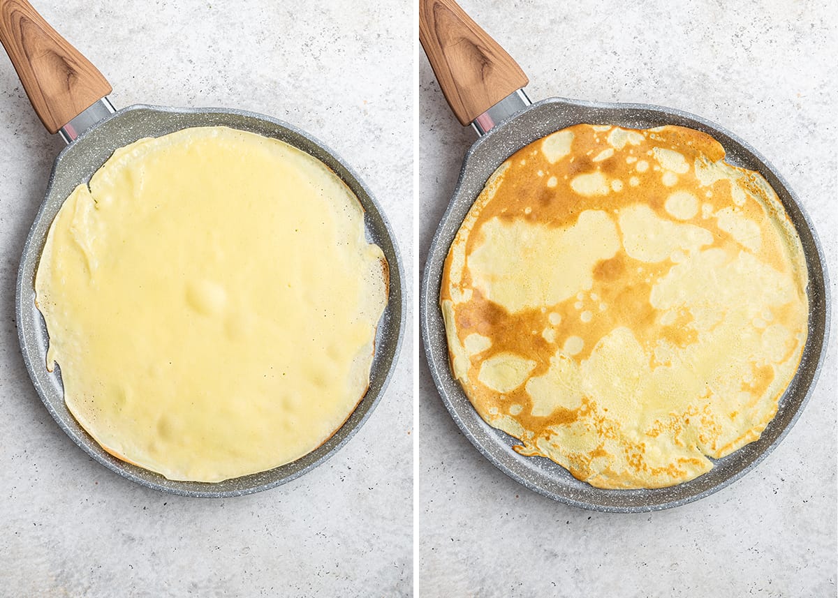 Side by side with a pan full of crepe batter, and a pan with a cooked crepe on it